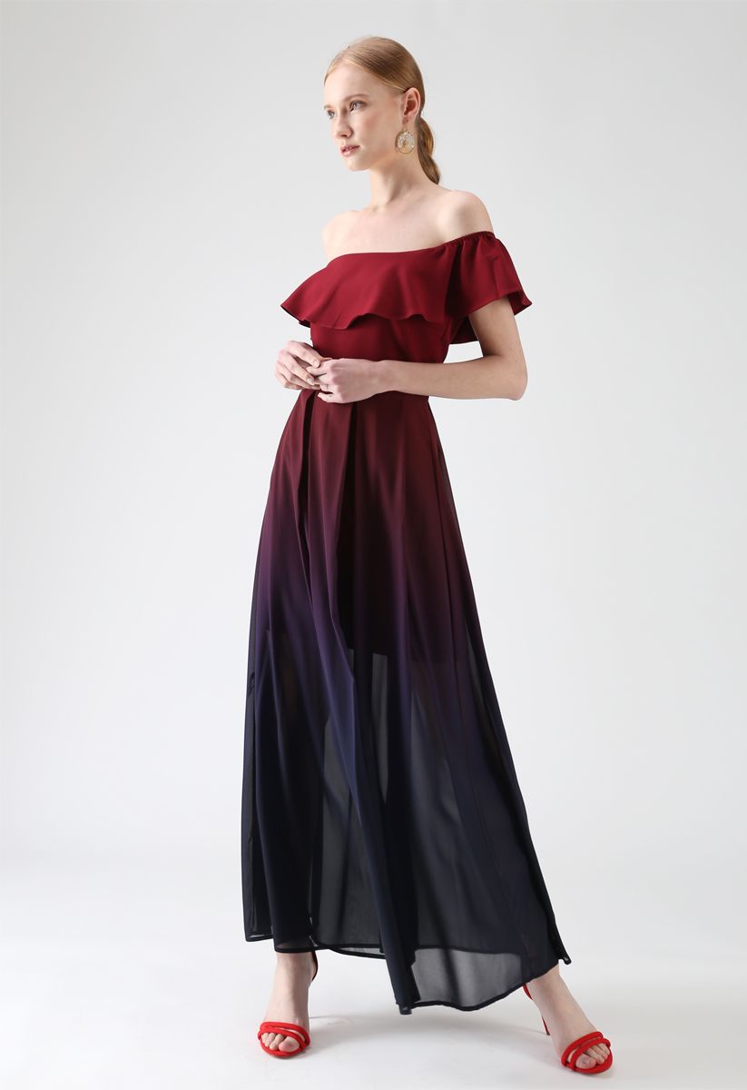 Gradient Revelry Off-Shoulder Dress in Wine 