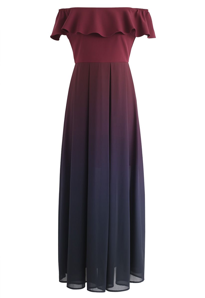 Gradient Revelry Off-Shoulder Dress in Wine 