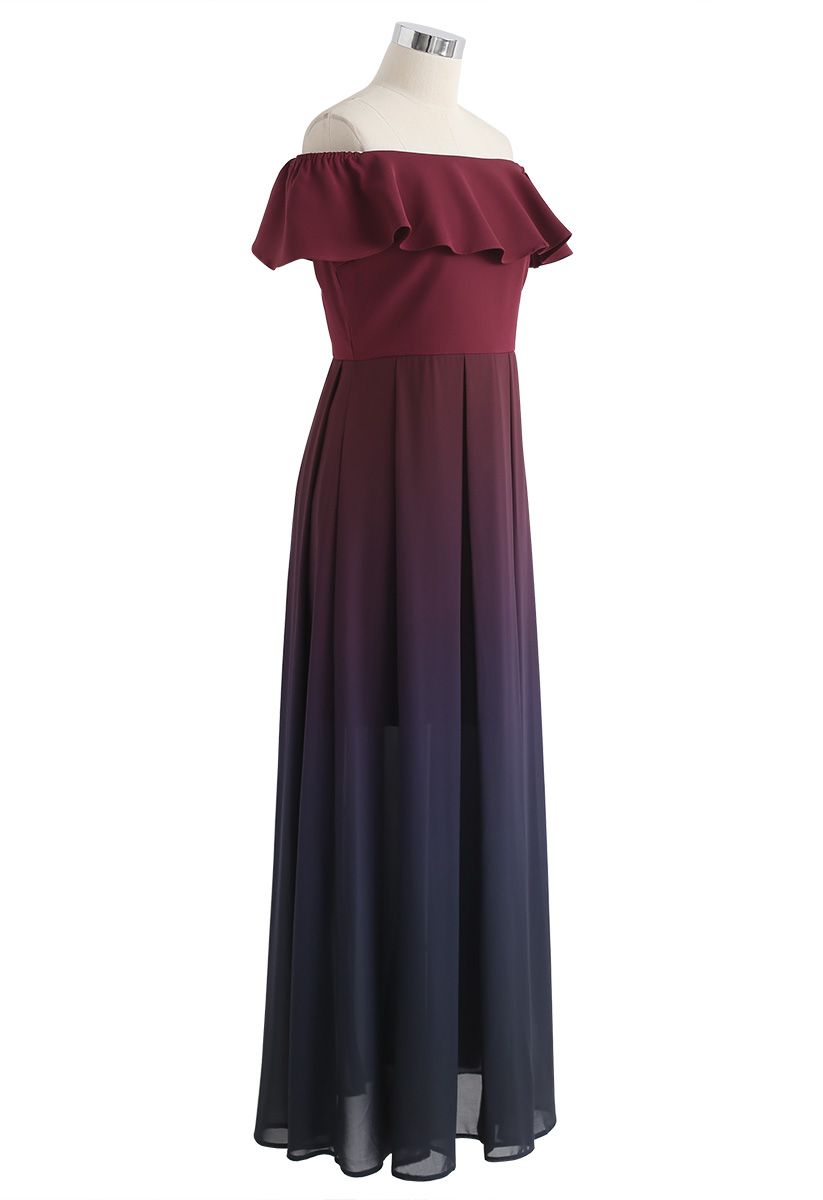 Gradient Revelry Off-Shoulder Dress in Wine 