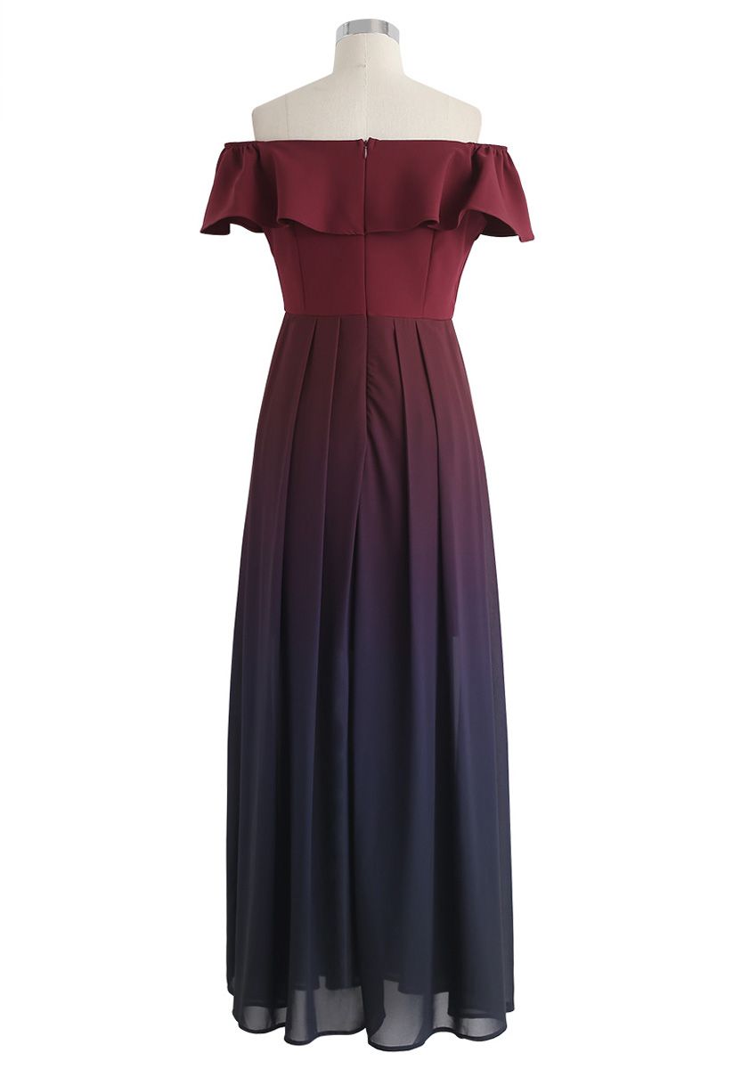 Gradient Revelry Off-Shoulder Dress in Wine 