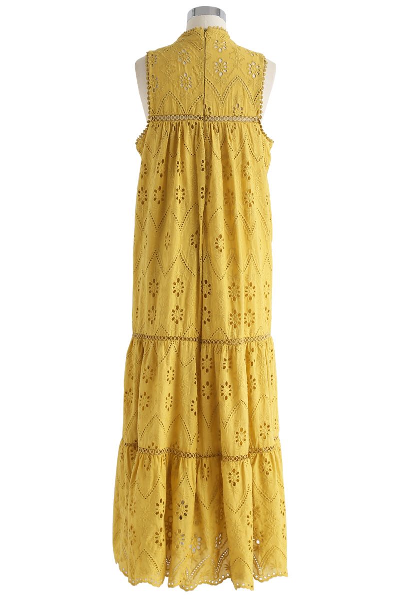 Try To Be Boho Embroidered Eyelet Maxi Dress in Mustard - Retro, Indie ...