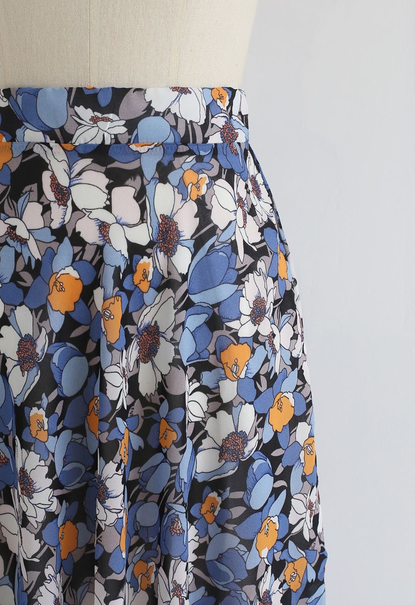 Flower Season Chiffon Maxi Skirt in Blue