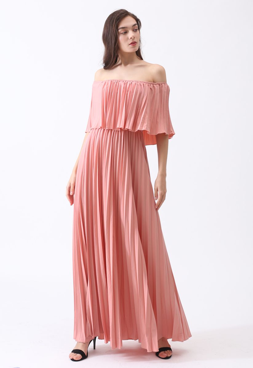 Off-Shoulder Pleated Maxi Dress in Pink ...