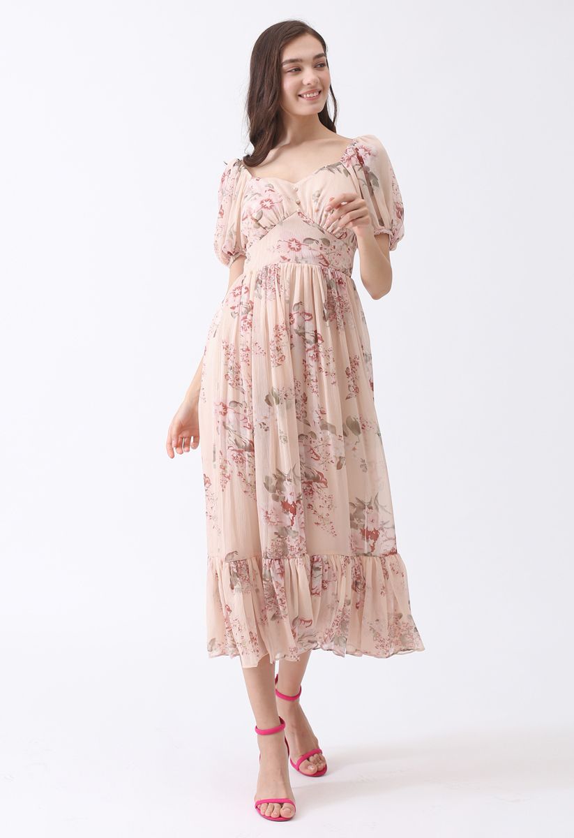 Enchanting Peony Chiffon Maxi Dress 