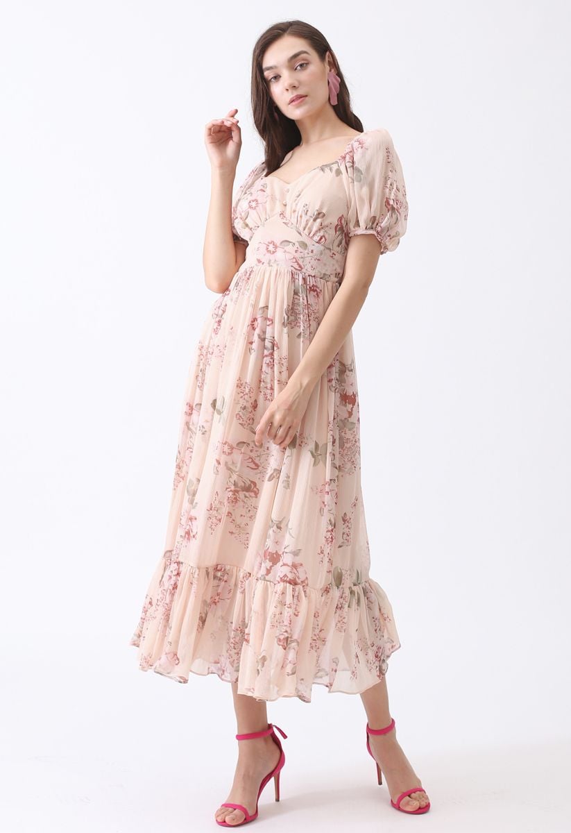 Enchanting Peony Chiffon Maxi Dress 