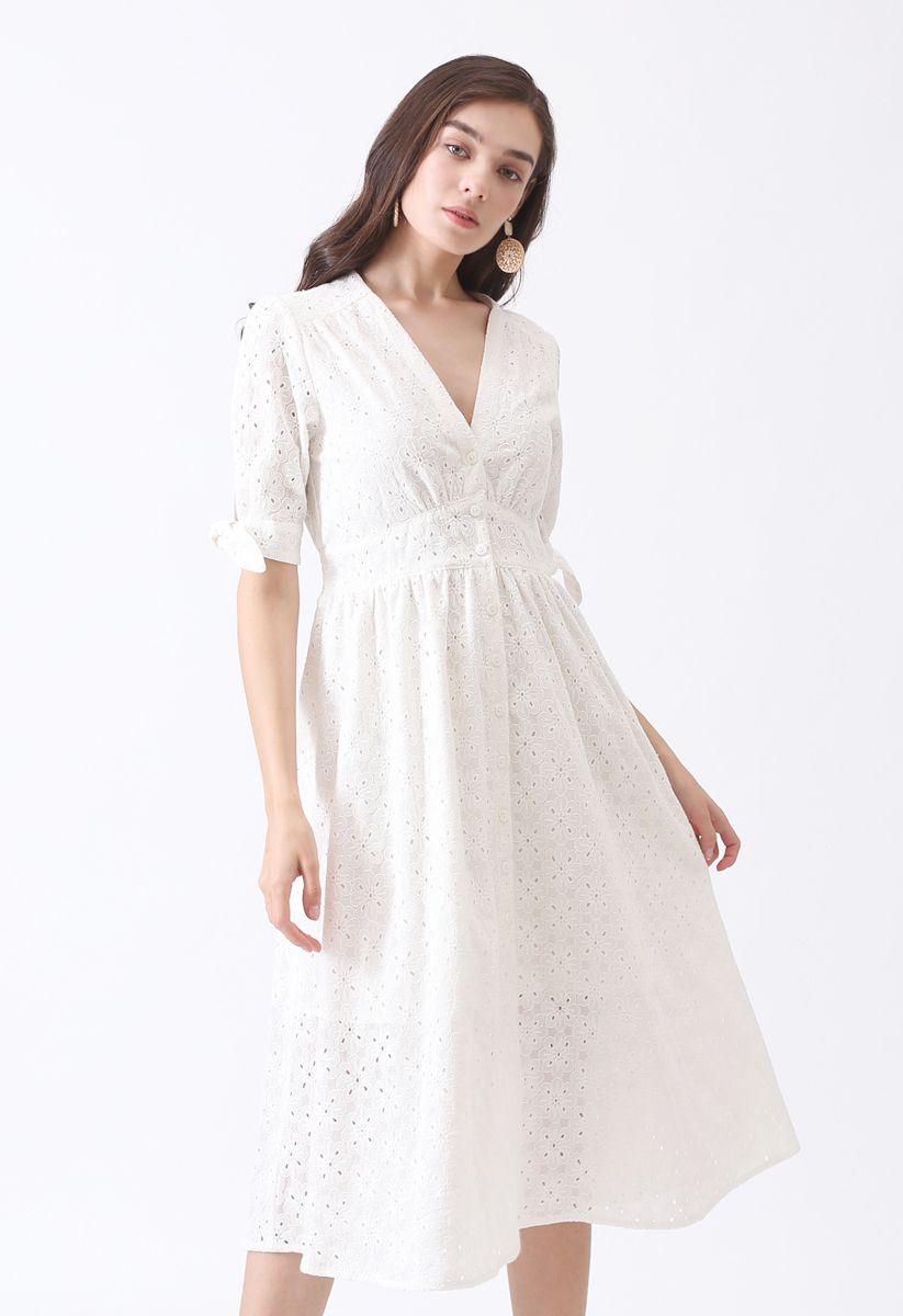 Summer Edition Button Down V-Neck Dress in White Floral Embroidery
