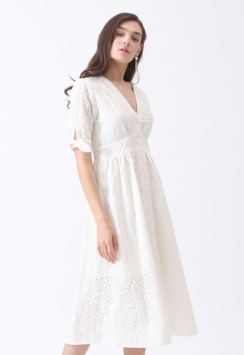 Summer Edition Button Down V-Neck Dress in White Floral Embroidery