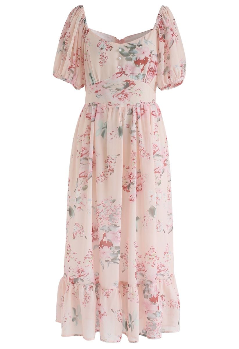 Enchanting Peony Chiffon Maxi Dress 