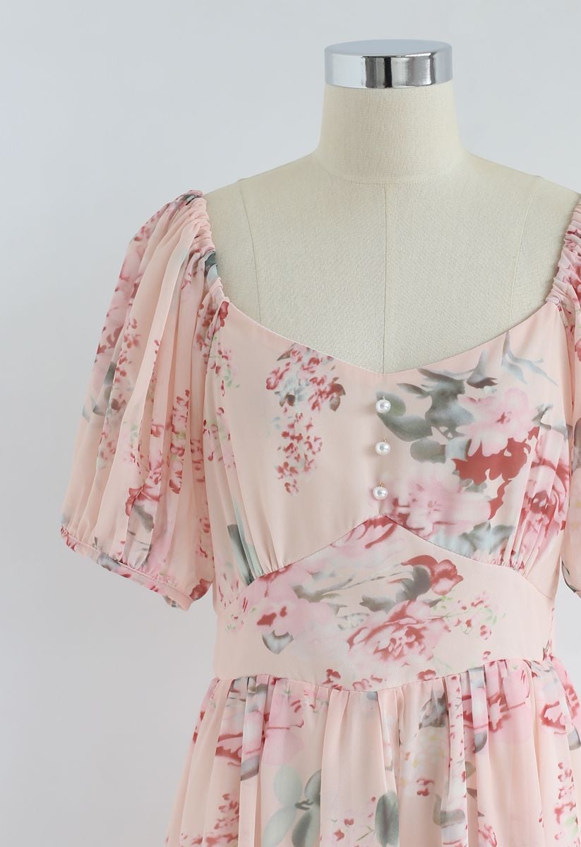 Enchanting Peony Chiffon Maxi Dress 