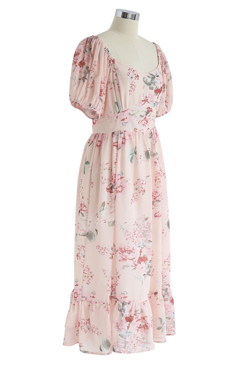 Enchanting Peony Chiffon Maxi Dress 