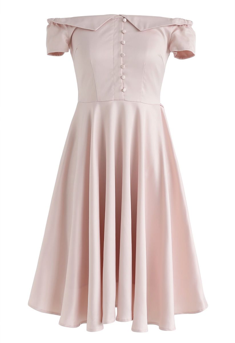 Going Retro Off-Shoulder Midi Dress in Pink