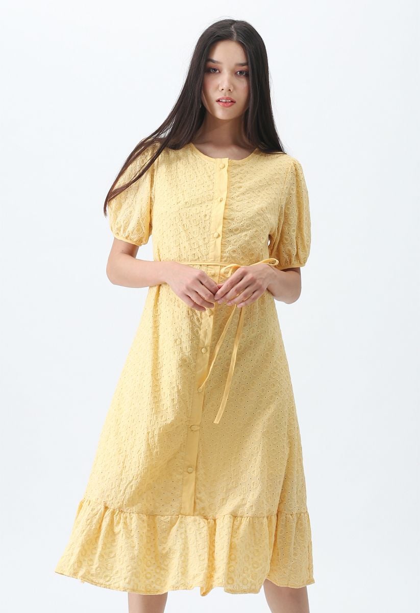 There She Goes Embroidered Button Down Dress in Yellow