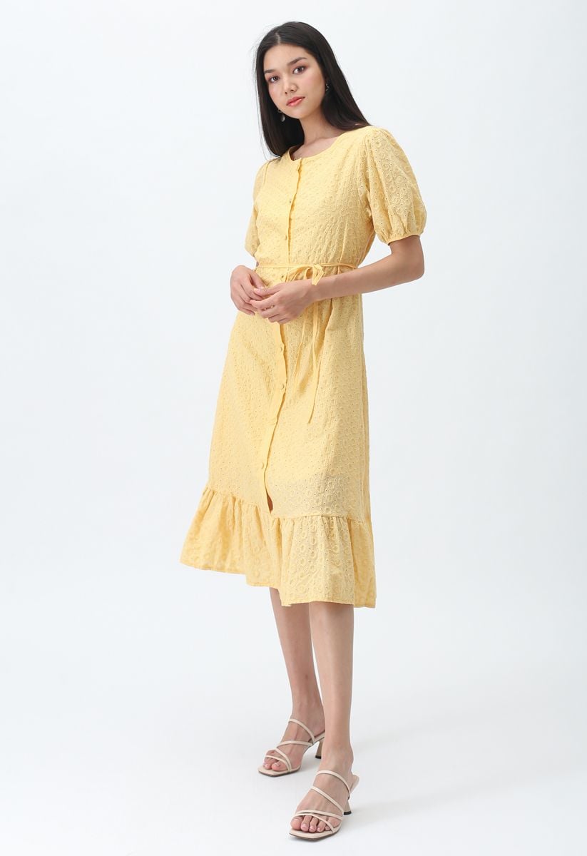 There She Goes Embroidered Button Down Dress in Yellow