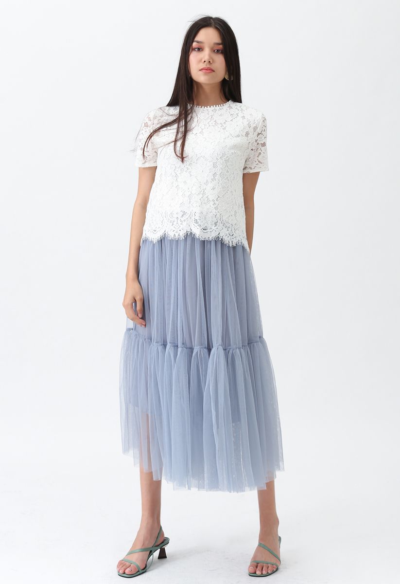 Can't Let Go Mesh Tulle Skirt in Dusty Blue