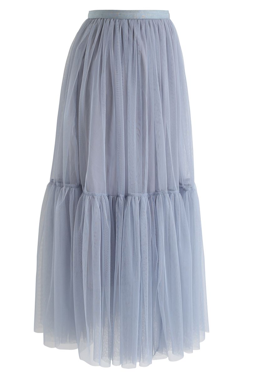 Can't Let Go Mesh Tulle Skirt in Dusty Blue