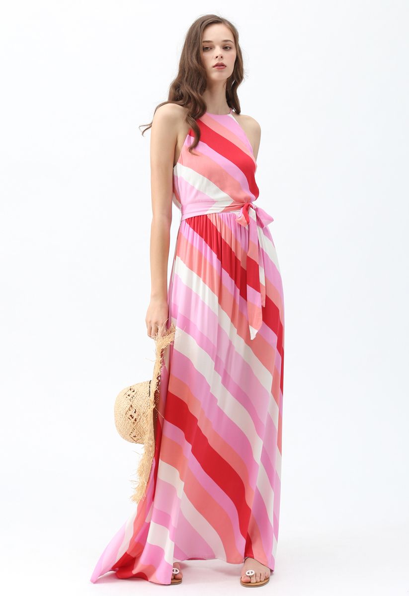 Sweet Sunset Stripe Halter Neck Maxi Dress