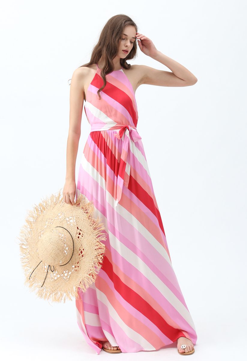 Sweet Sunset Stripe Halter Neck Maxi Dress