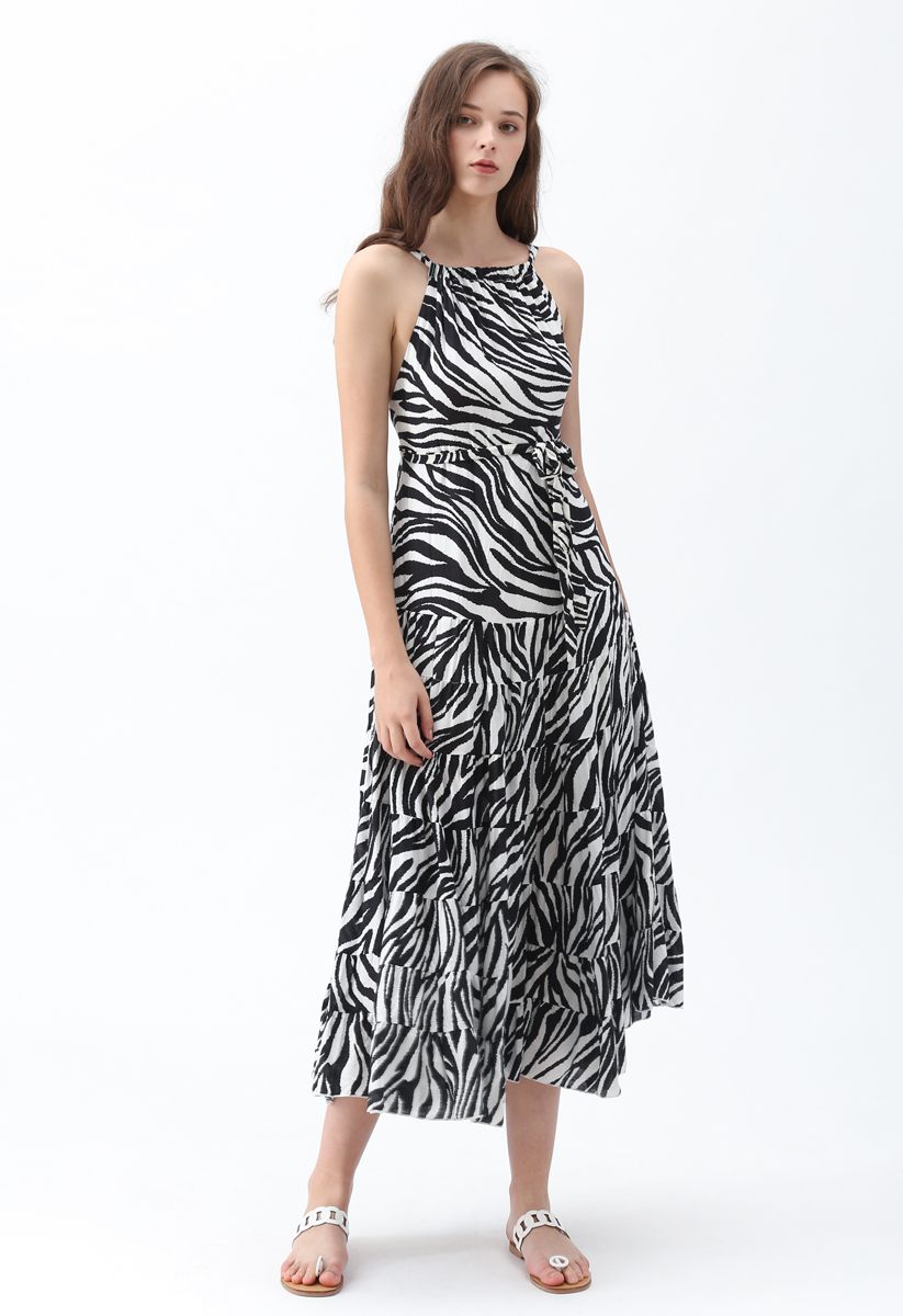 Zebra-Stripe Open Back Maxi Dress in White