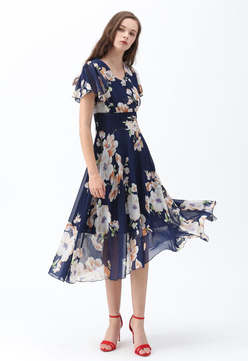 navy floral chiffon dress