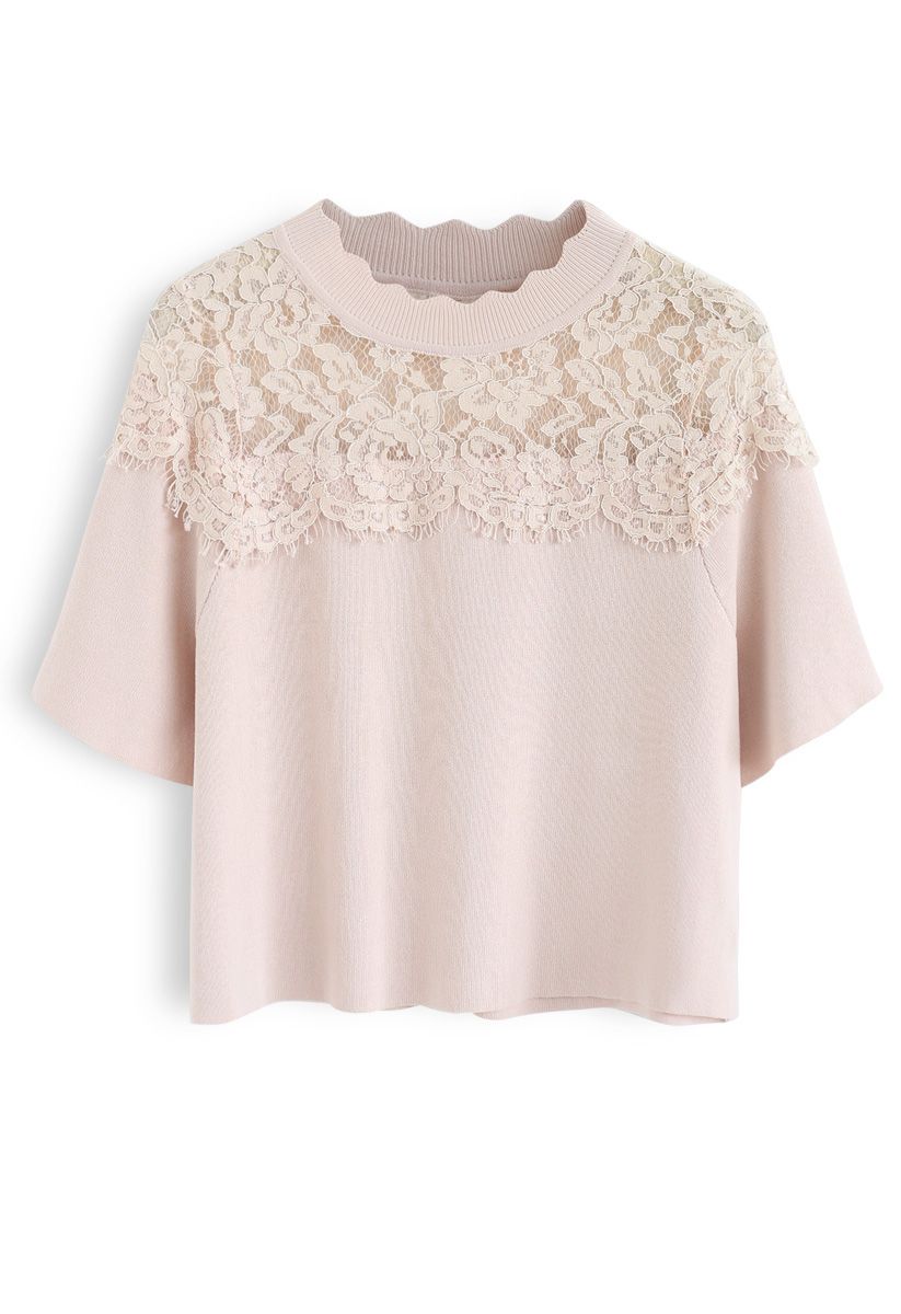 Best Part Lace Trimmed Knit Top in Nude Pink