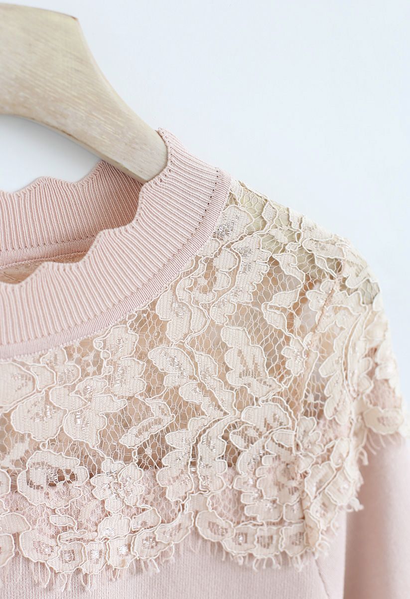 Best Part Lace Trimmed Knit Top in Nude Pink