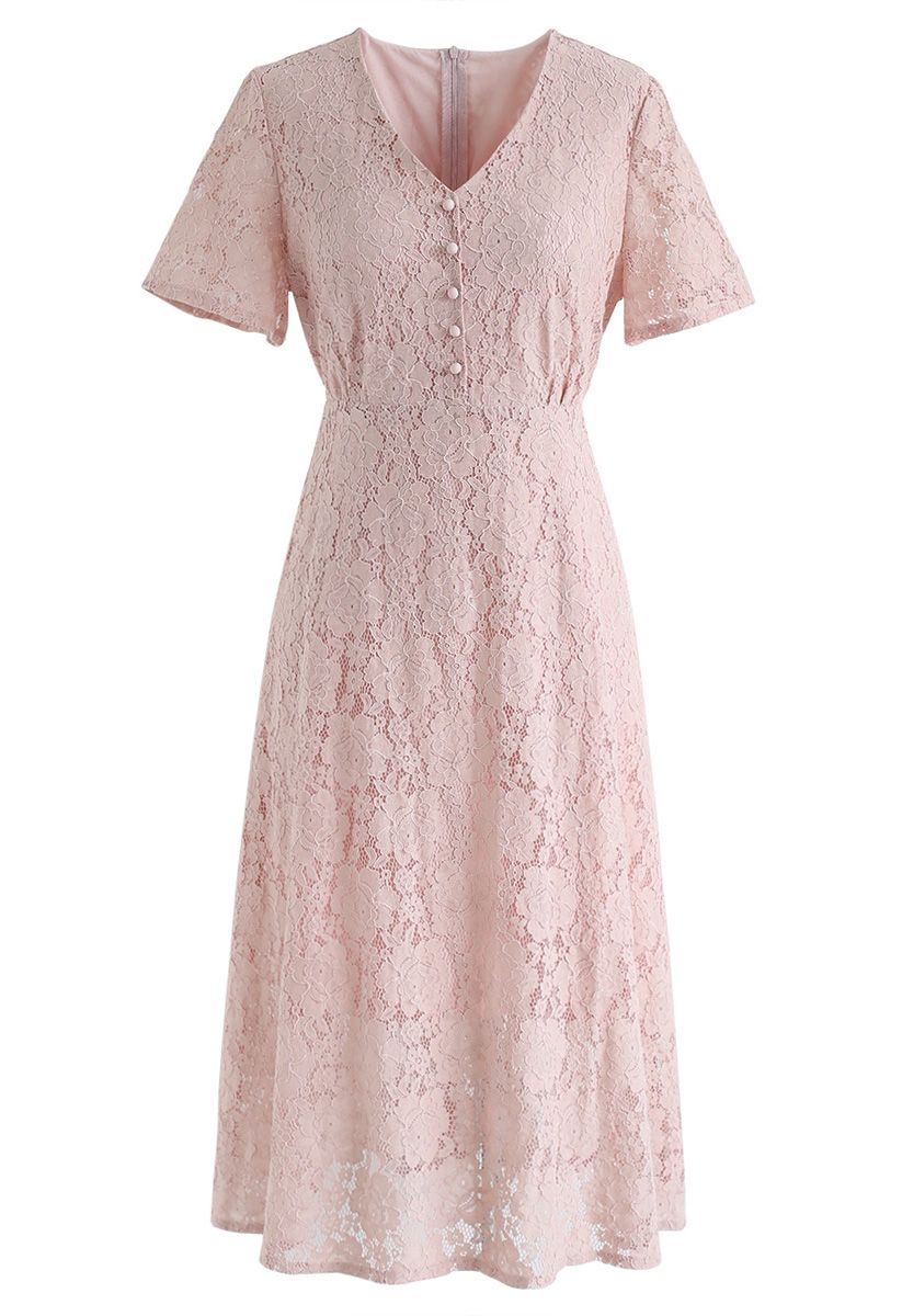 Think About Me Full Lace Midi Dress in Pink