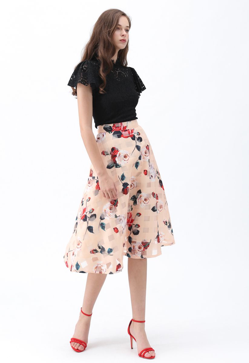 Wild Rose Floral A-Line Midi Skirt in Apricot 