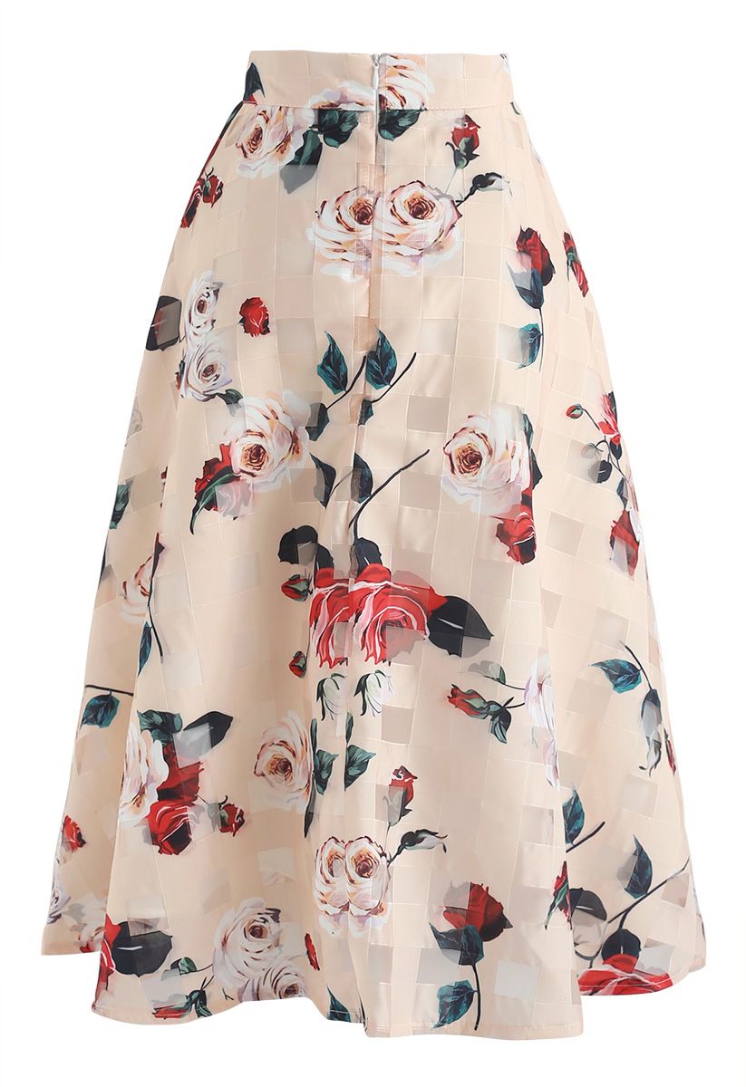 Wild Rose Floral A-Line Midi Skirt in Apricot 