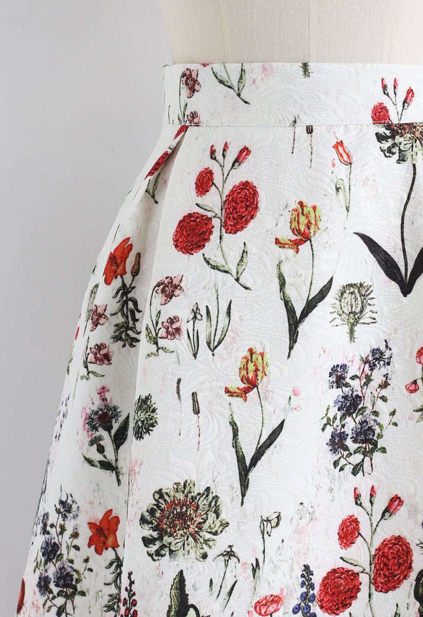 Multi Floral Print Embossed Midi Skirt - Retro, Indie and Unique 