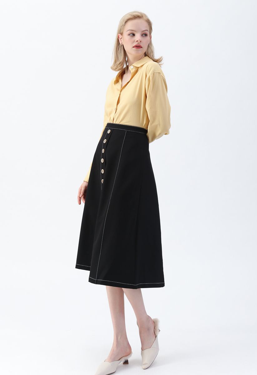 Buttons Trim A-Line Skirt in Black