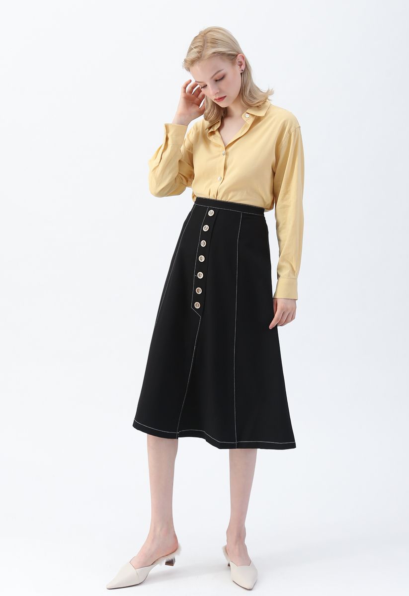 Buttons Trim A-Line Skirt in Black