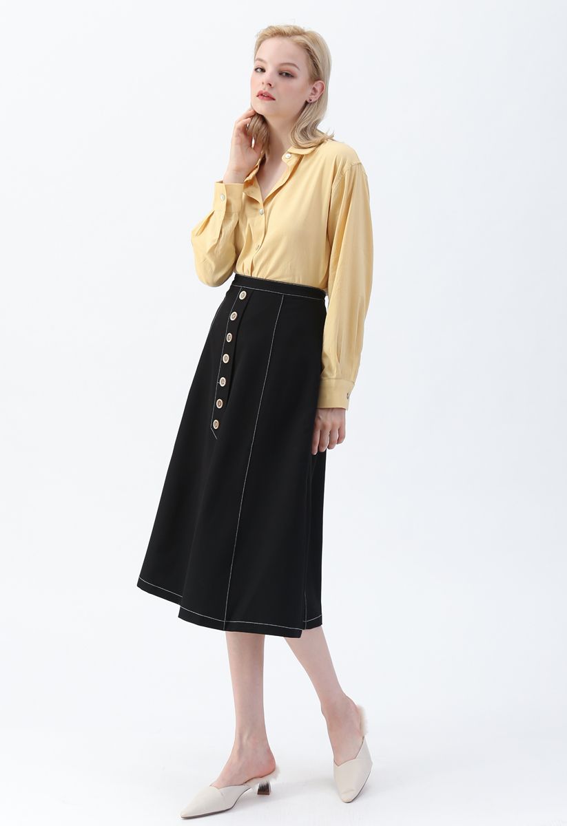 Buttons Trim A-Line Skirt in Black