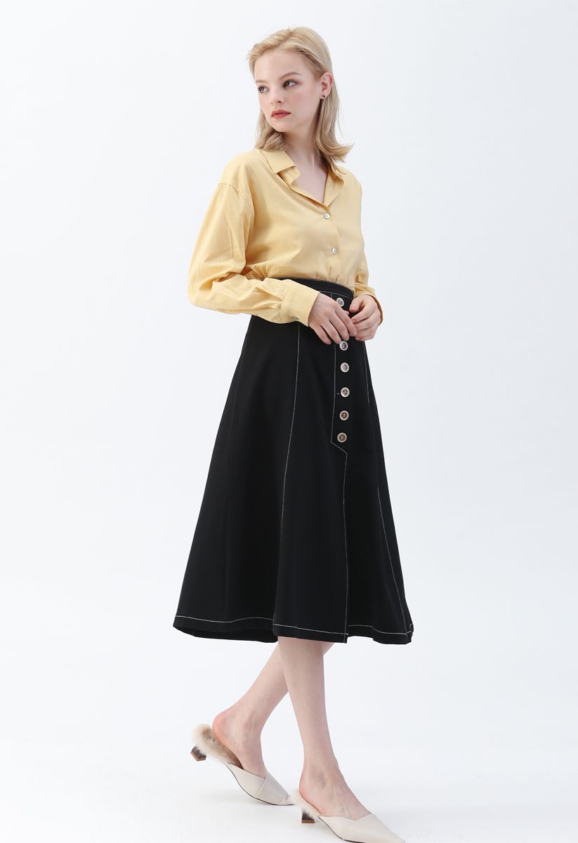 Buttons Trim A-Line Skirt in Black