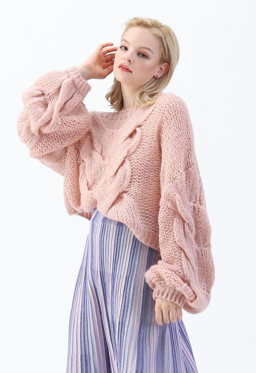Hand-Knit Puff Sleeves Sweater in Pink - Retro, Indie and