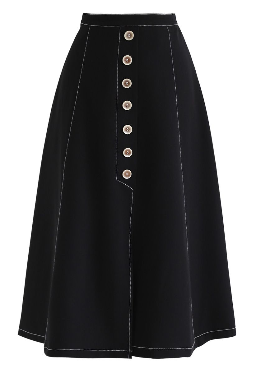 Buttons Trim A-Line Skirt in Black