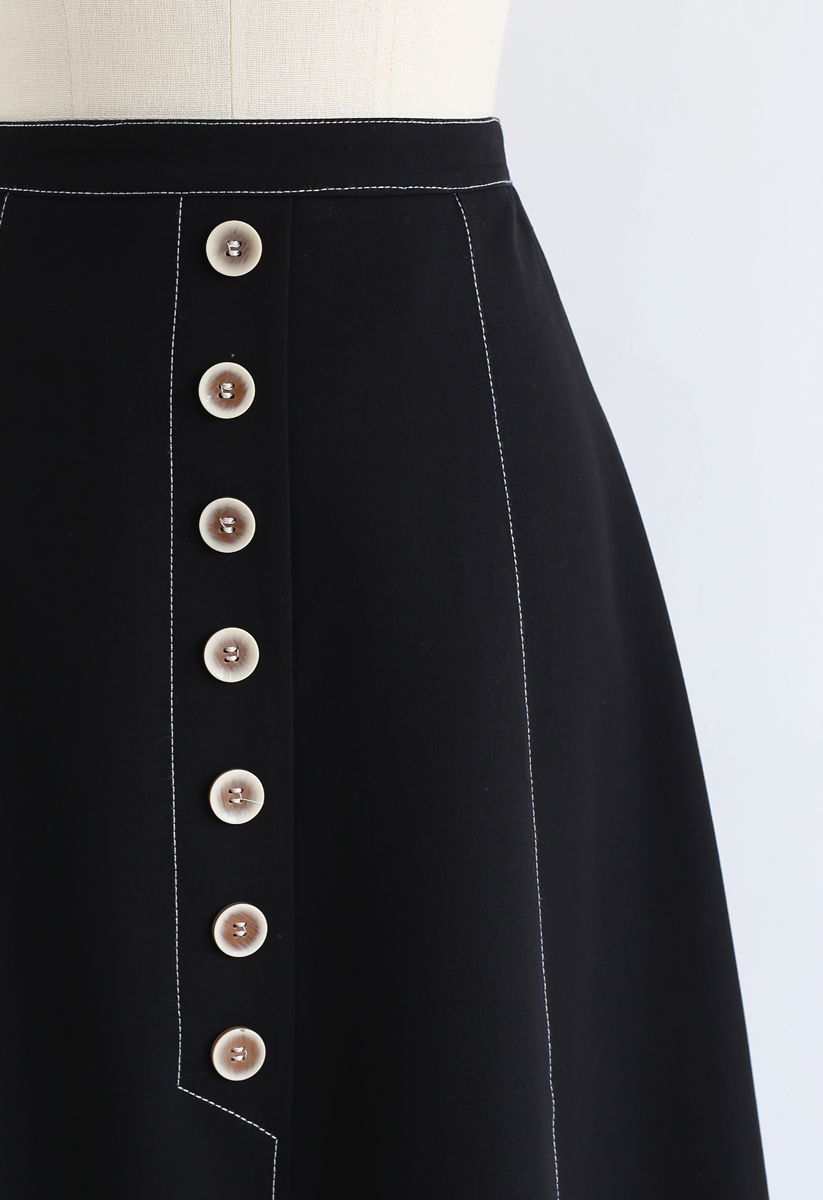 Buttons Trim A-Line Skirt in Black