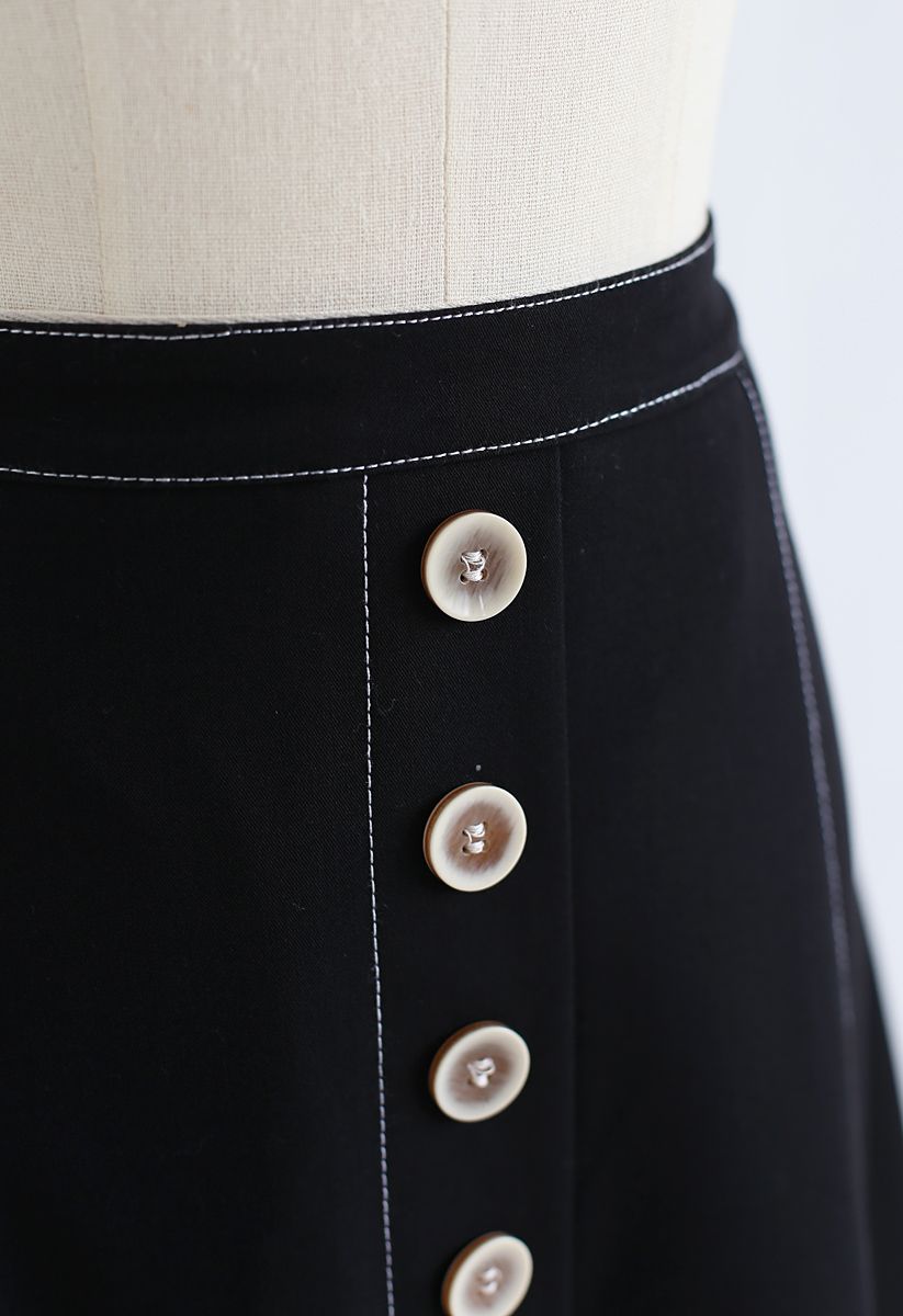 Buttons Trim A-Line Skirt in Black