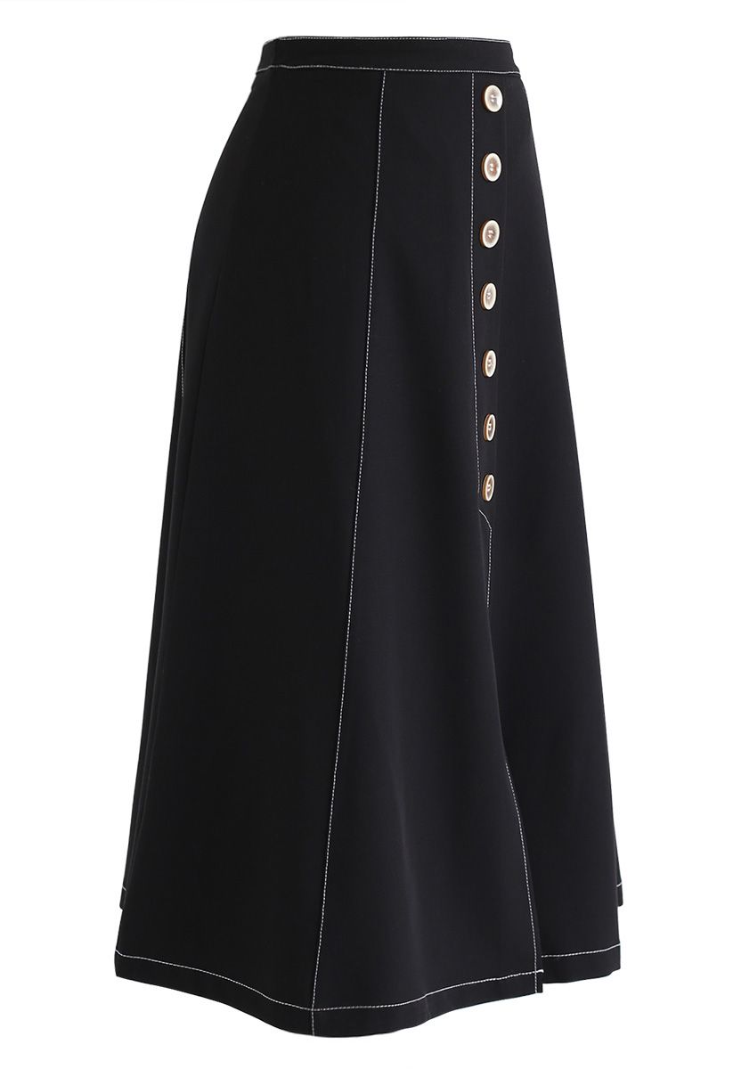 Buttons Trim A-Line Skirt in Black