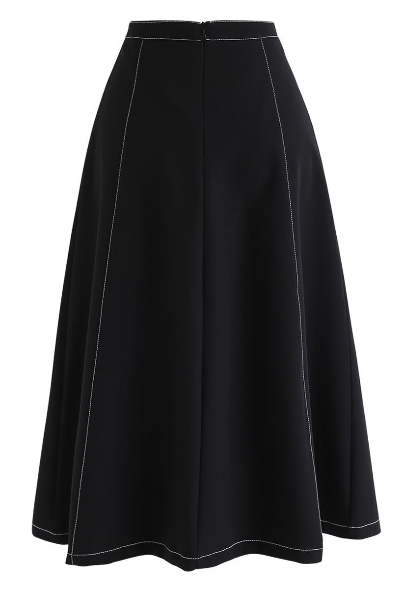 Buttons Trim A-Line Skirt in Black