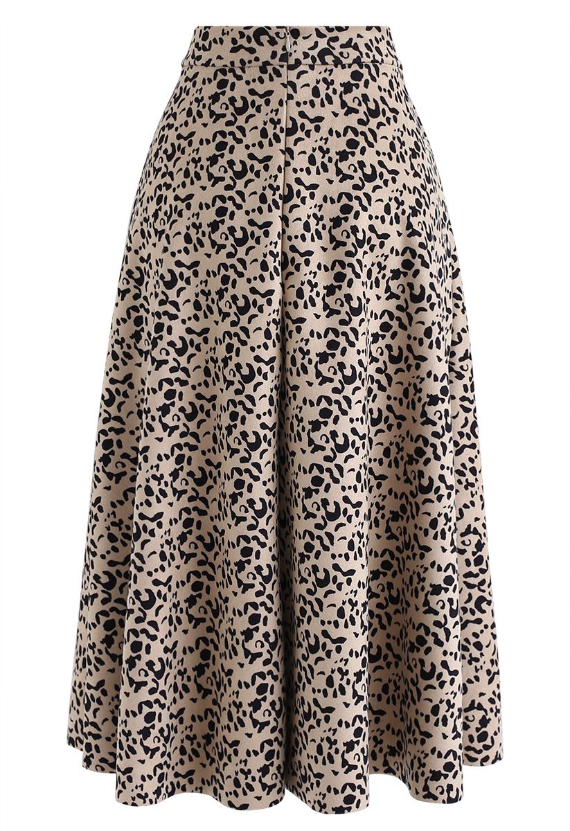 Leopard Print Faux Suede Midi Skirt