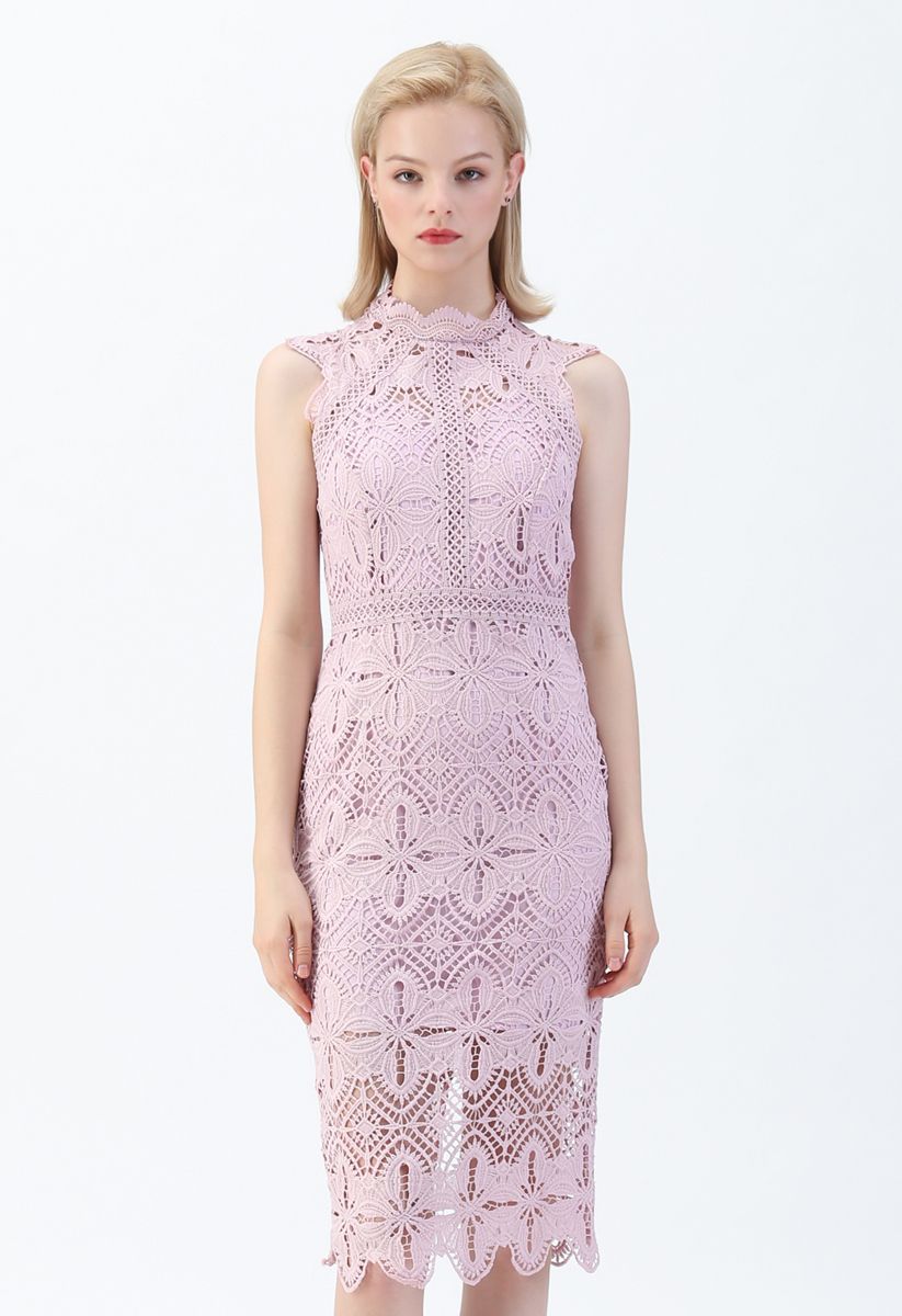 Diamond and Floral Crochet Bodycon Midi Dress in Pink - Retro, Indie ...