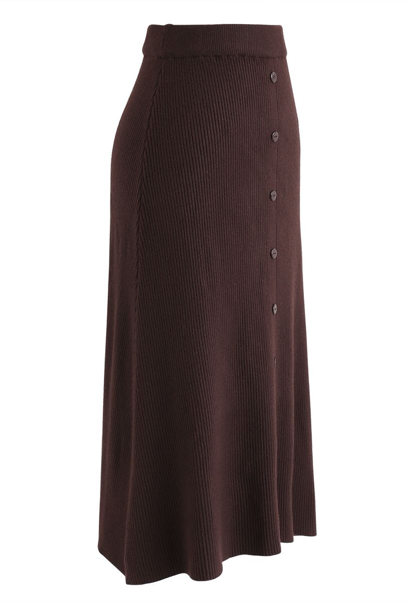 Button Front Trim Ribbed Knit Midi Skirt in Caramel