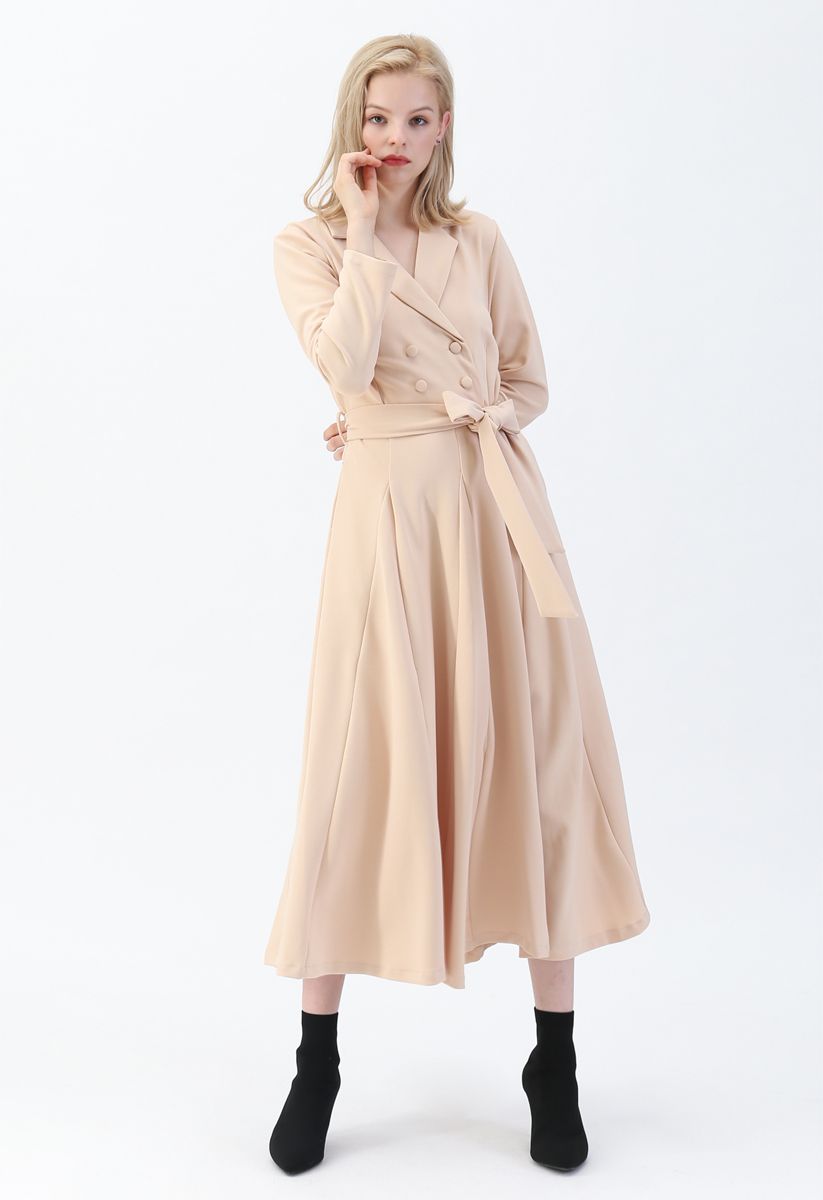 Self-Tied Bowknot Double-Breasted Maxi Dress in Cream