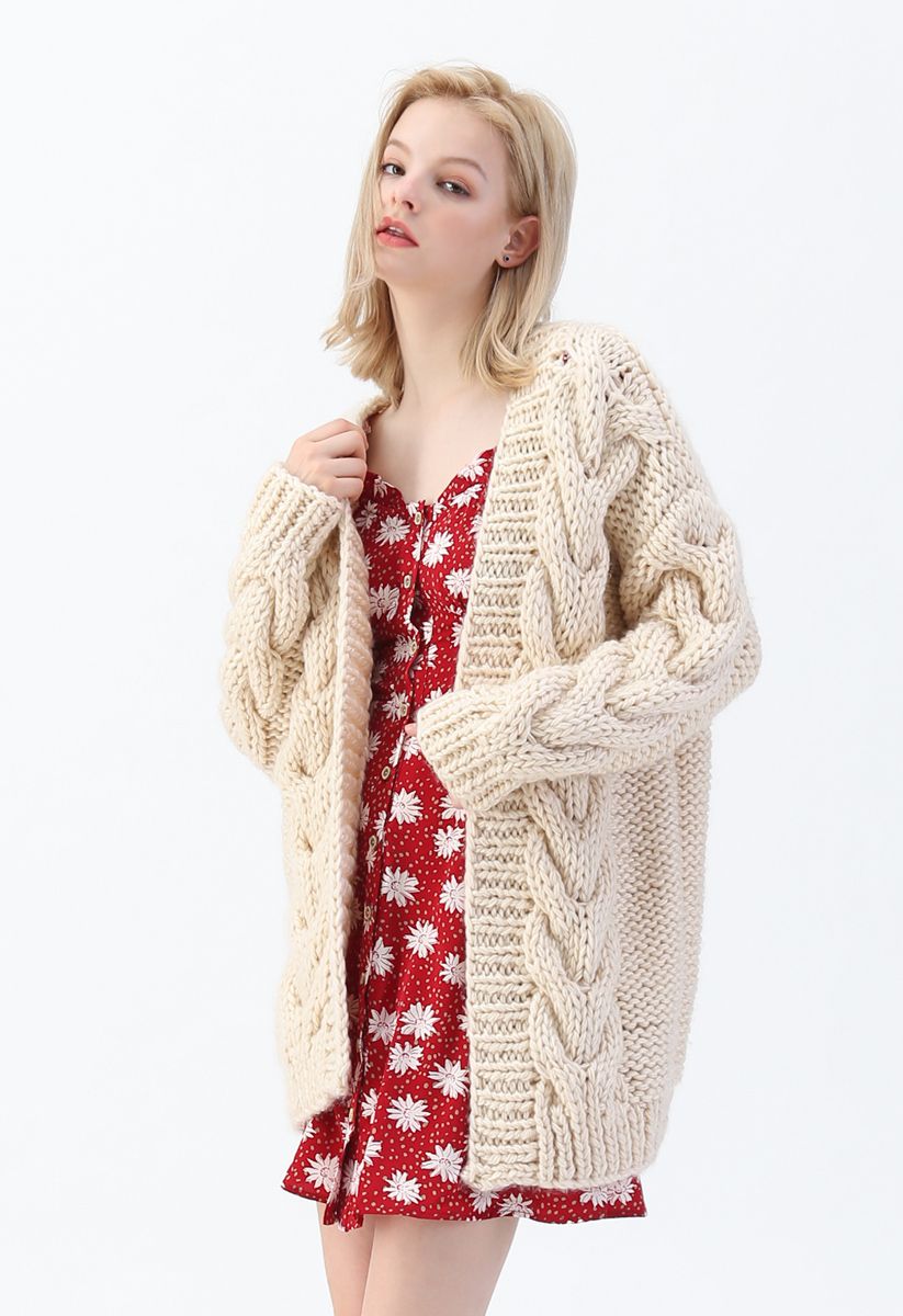 Cable Trim Chunky Hand Knit Cardigan - Retro, Indie and Unique Fashion