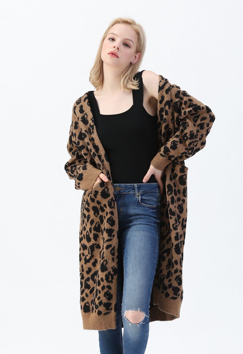 Azokoe Womens Leopard Print Cardigan Long Button Down Outerwear with Pockets S-XXL 