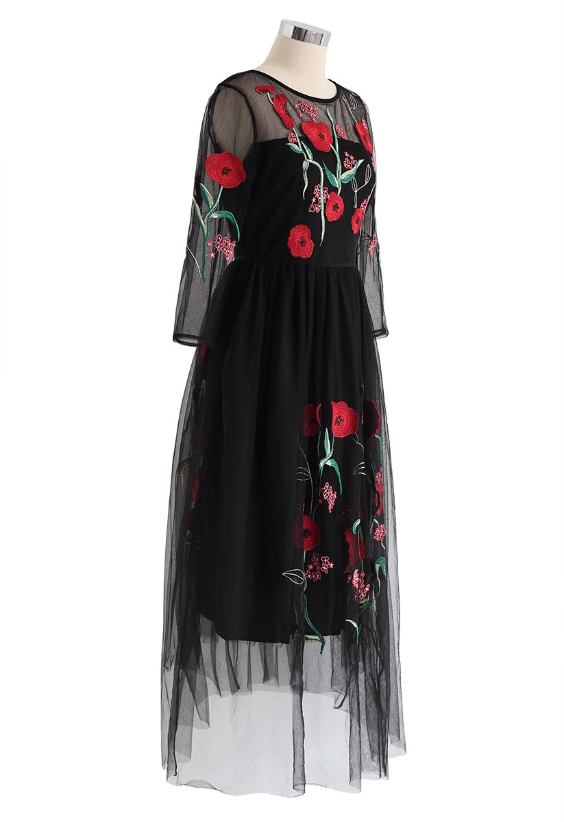 Lost in Flowering Fields Embroidered Mesh Maxi Dress in Black