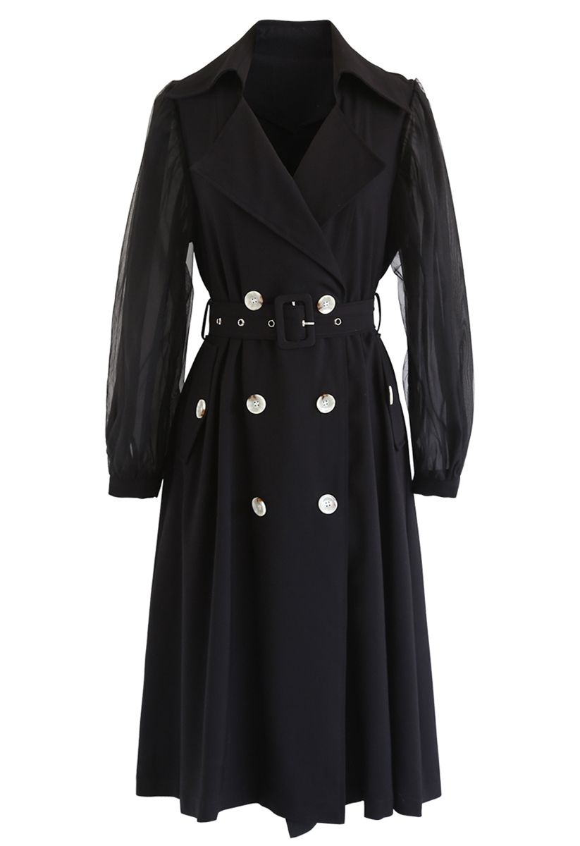 Belted Double-Breasted Coat Dress in Black