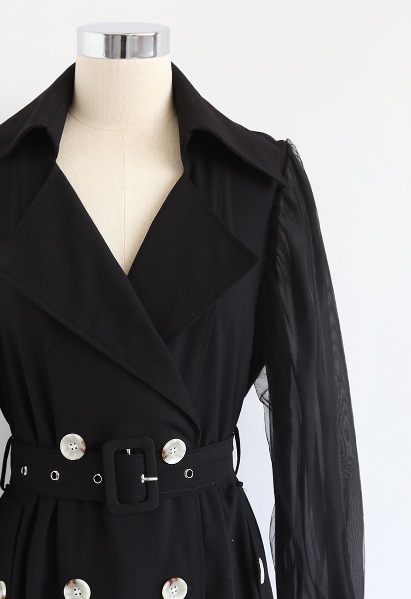 Belted Double-Breasted Coat Dress in Black