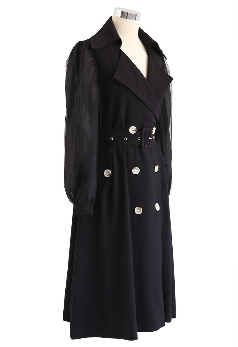 Belted Double-Breasted Coat Dress in Black