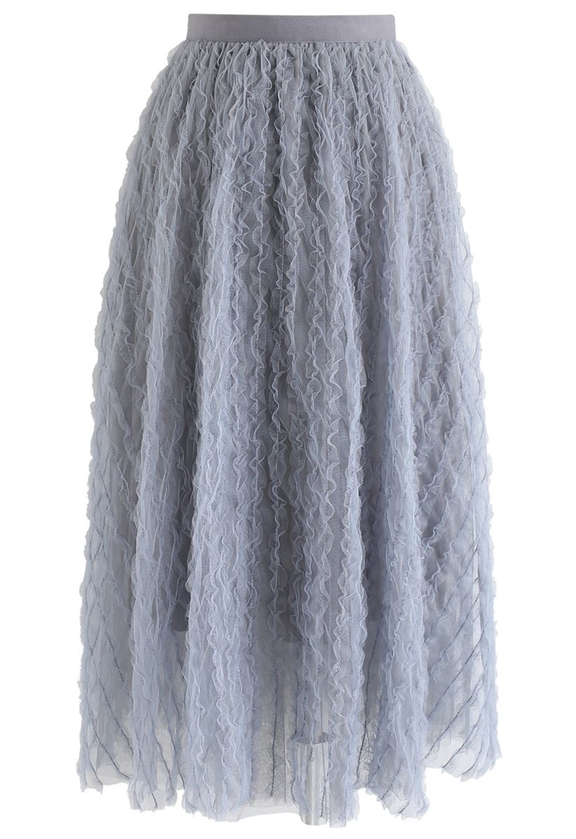 Ripple Ruffled Tulle Mesh Midi Skirt in Dusty Blue